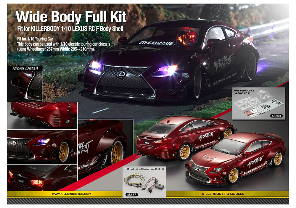 Toyota Lexus RCF (RC-F) 205mm Widebody 1-10 Body Set (w- Wing, Mirrors, Buckets) COMBO (BODY KIT + BODY) [Killerbody] 48659 + 48627 - Image 7